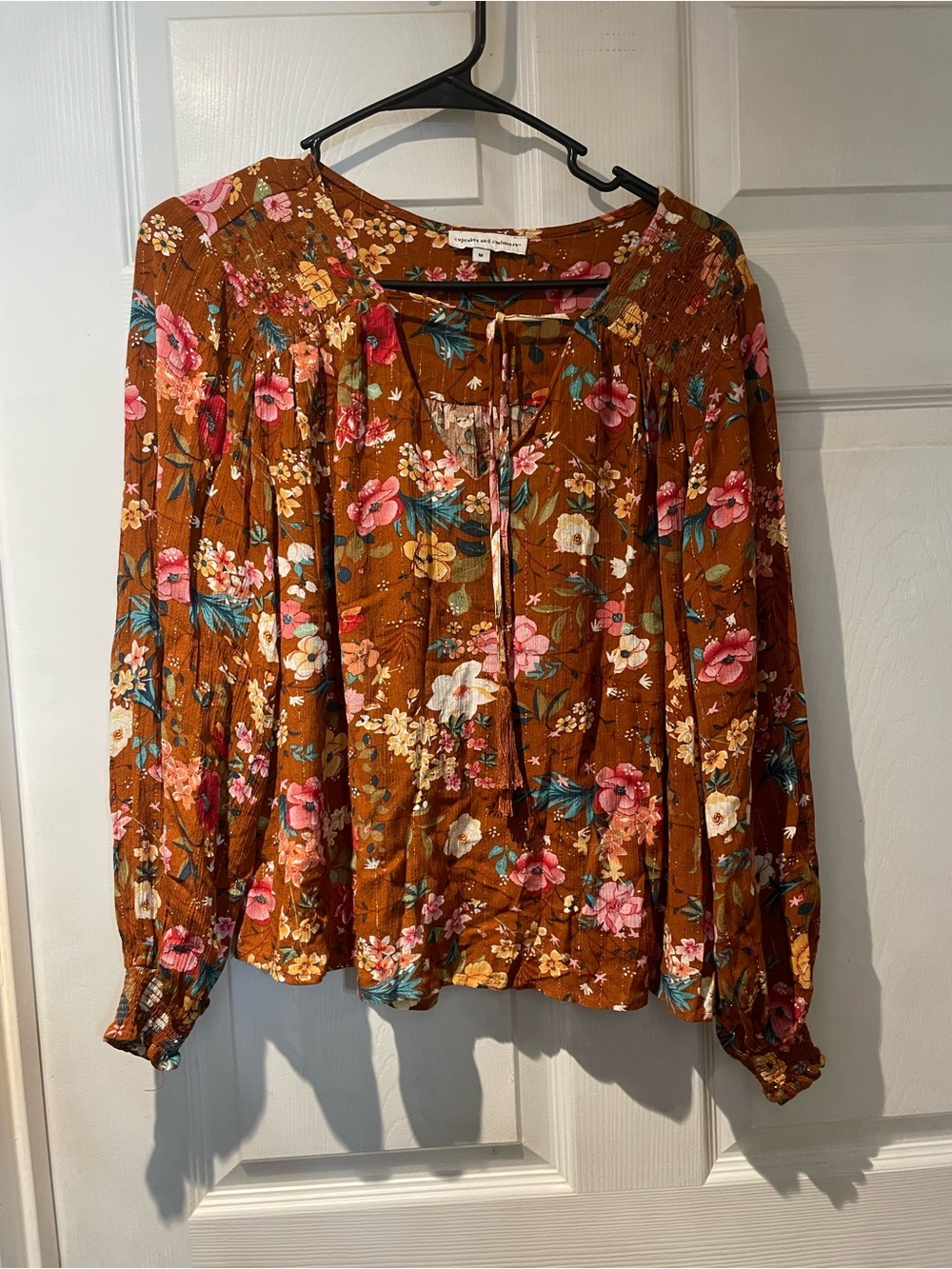 Cupcakes and Cashmere Rust Floral Peasant Blouse with Tie Neck Medium